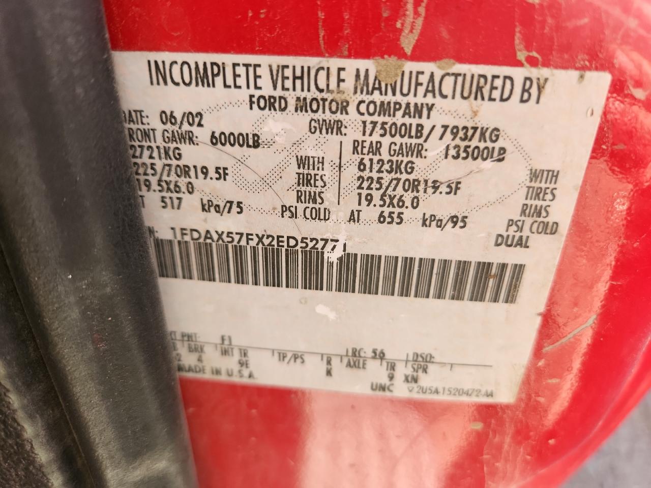 2002 Ford F550 Super Duty VIN: 1FDAX57FX2ED52771 Lot: 84206795