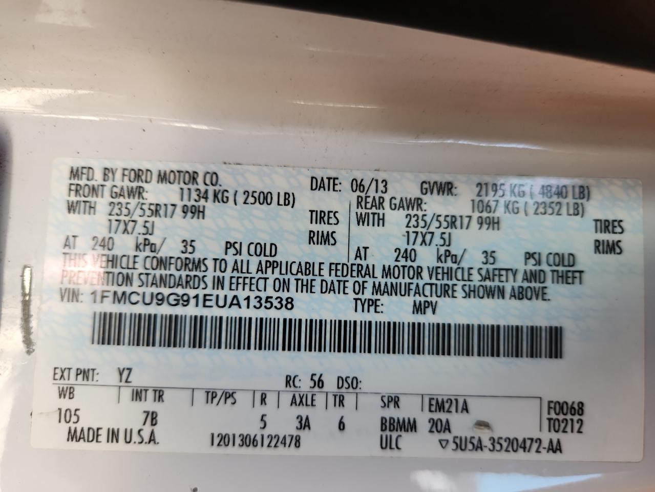 2014 Ford Escape Se VIN: 1FMCU9G91EUA13538 Lot: 86683885