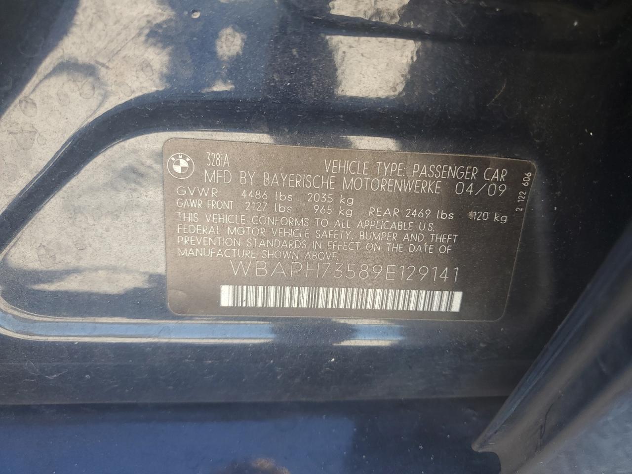 2009 BMW 328 I VIN: WBAPH73589E129141 Lot: 82586455