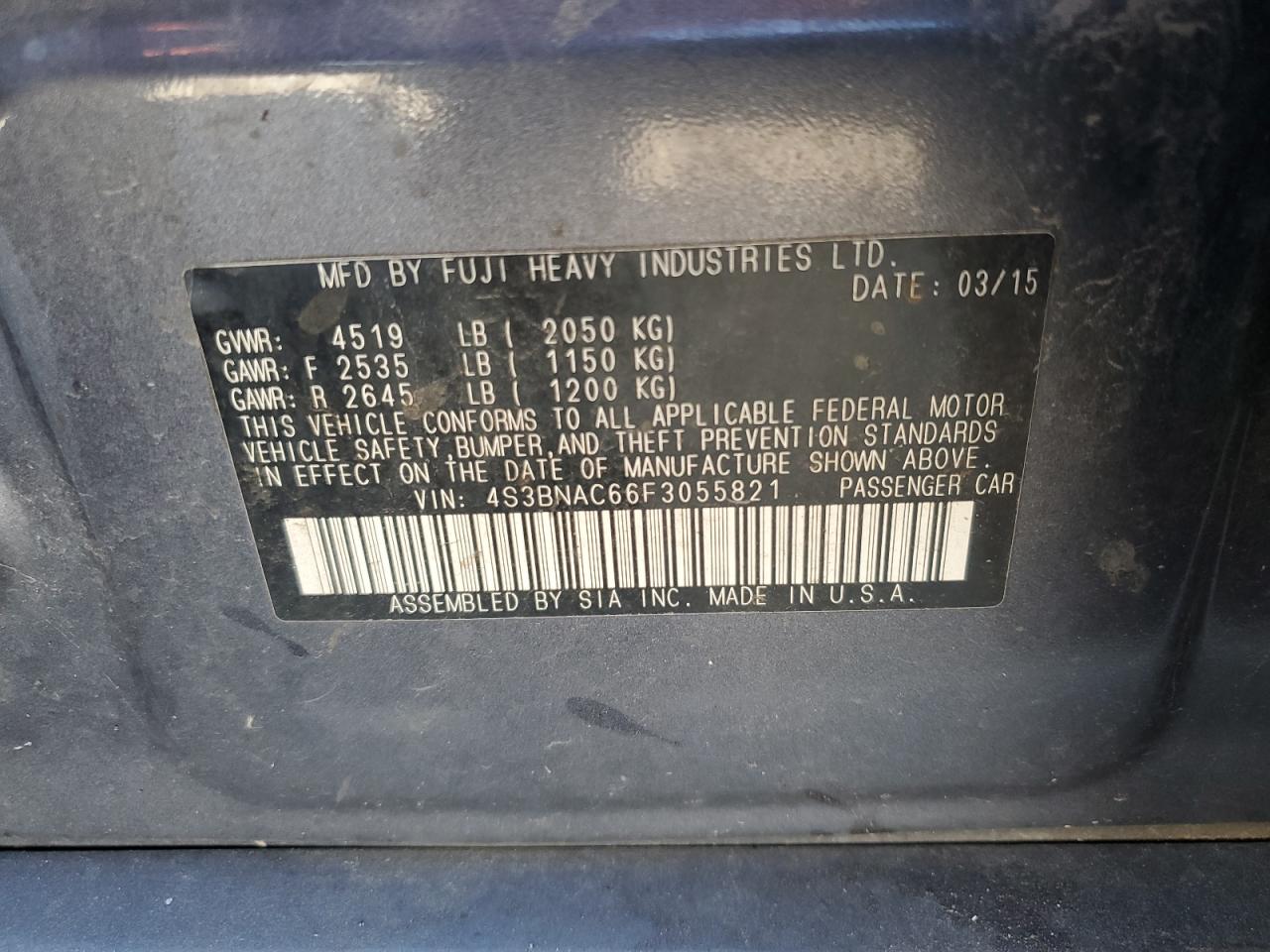 2015 Subaru Legacy 2.5I Premium VIN: 4S3BNAC66F3055821 Lot: 85258315