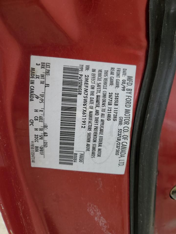 2000 Mercury Grand Marquis Ls VIN: 2MEFM75W6YX611912 Lot: 89905605