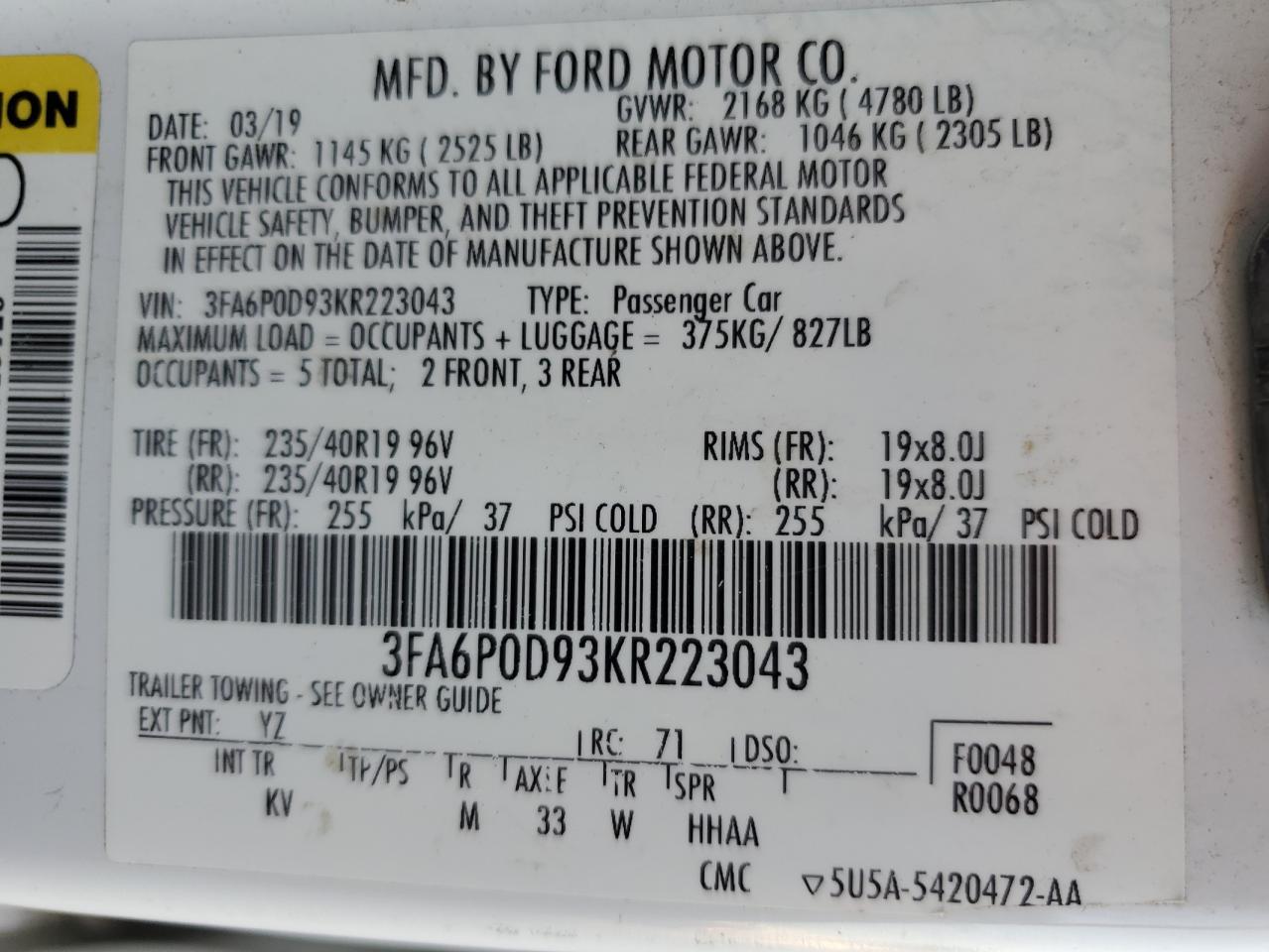 2019 Ford Fusion Titanium VIN: 3FA6P0D93KR223043 Lot: 84656975