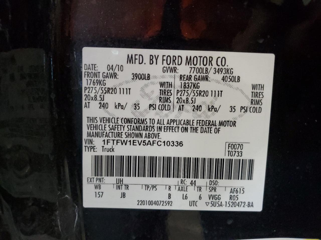 2010 Ford F150 Supercrew VIN: 1FTFW1EV5AFC10336 Lot: 90440195