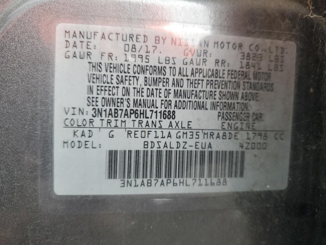 2017 Nissan Sentra S VIN: 3N1AB7AP6HL711688 Lot: 82384625