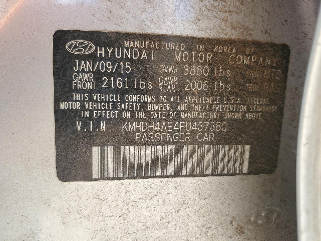 2015 Hyundai Elantra Se VIN: KMHDH4AE4FU437380 Lot: 85949935