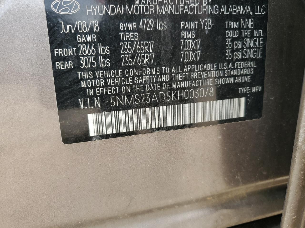 2019 Hyundai Santa Fe Se VIN: 5NMS23AD5KH003078 Lot: 85564485