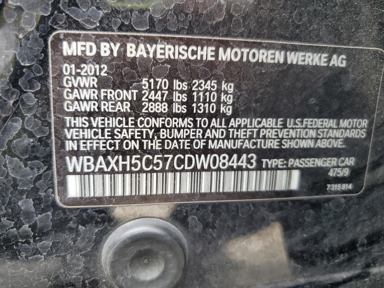 2012 BMW 528 Xi VIN: WBAXH5C57CDW08443 Lot: 84465235