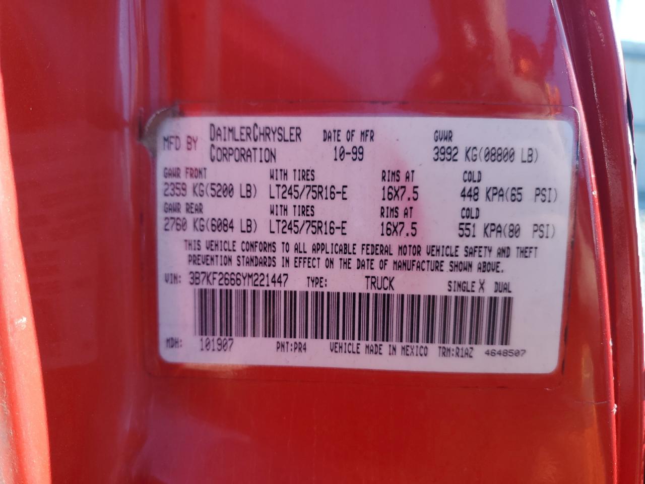 2000 Dodge Ram 2500 VIN: 3B7KF2666YM221447 Lot: 86166345
