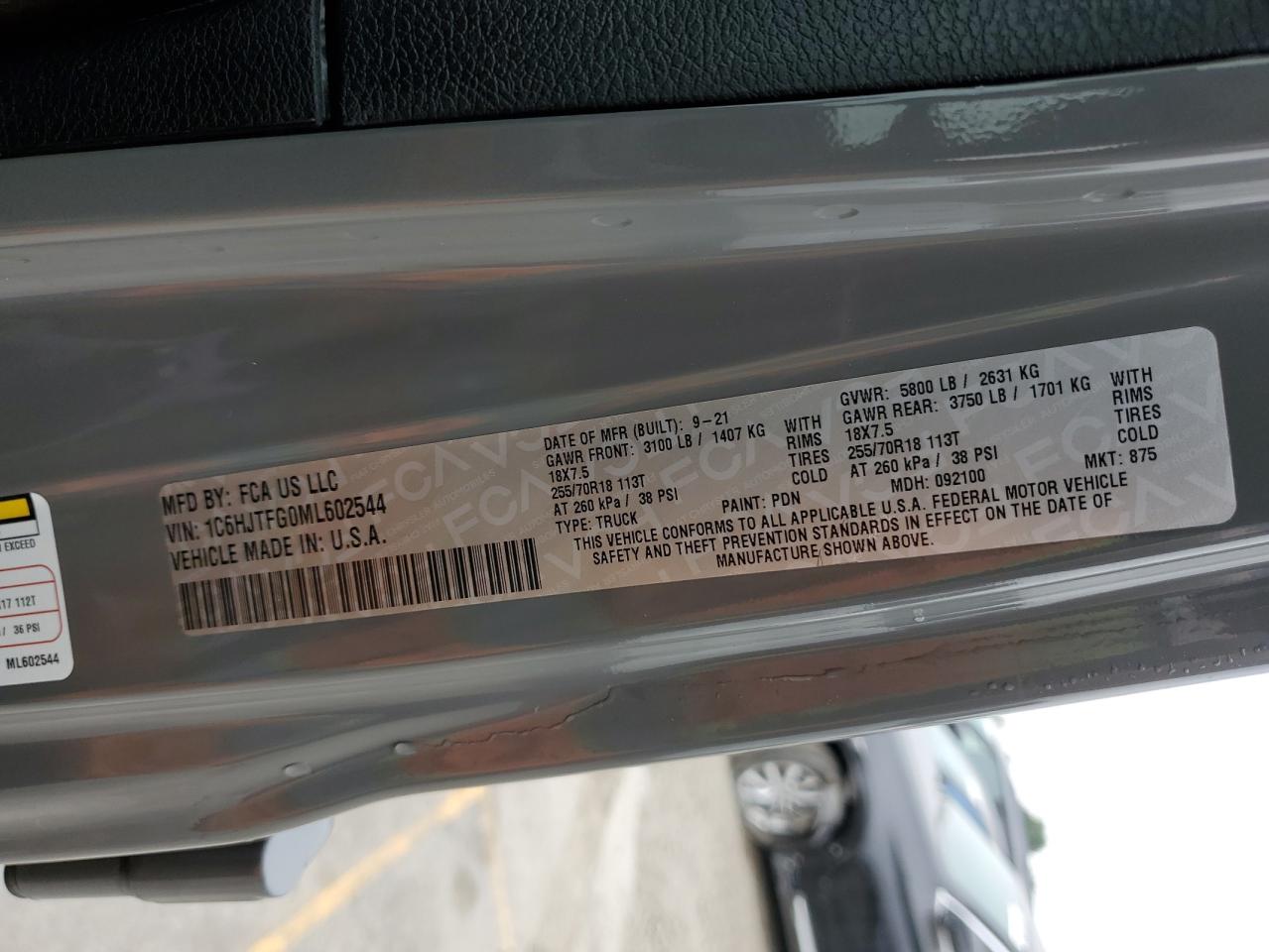 2021 Jeep Gladiator Overland VIN: 1C6HJTFG0ML602544 Lot: 85924345