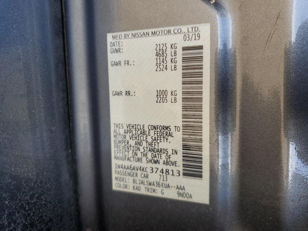 2019 Nissan Maxima S VIN: 1N4AA6AV4KC374813 Lot: 84830115