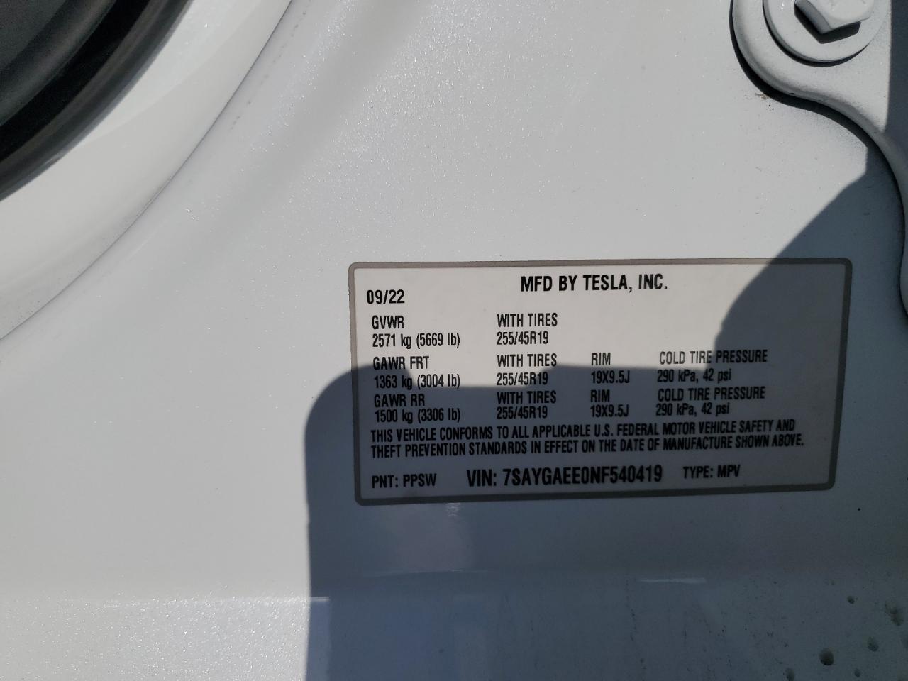 2022 Tesla Model Y VIN: 7SAYGAEE0NF540419 Lot: 87095735