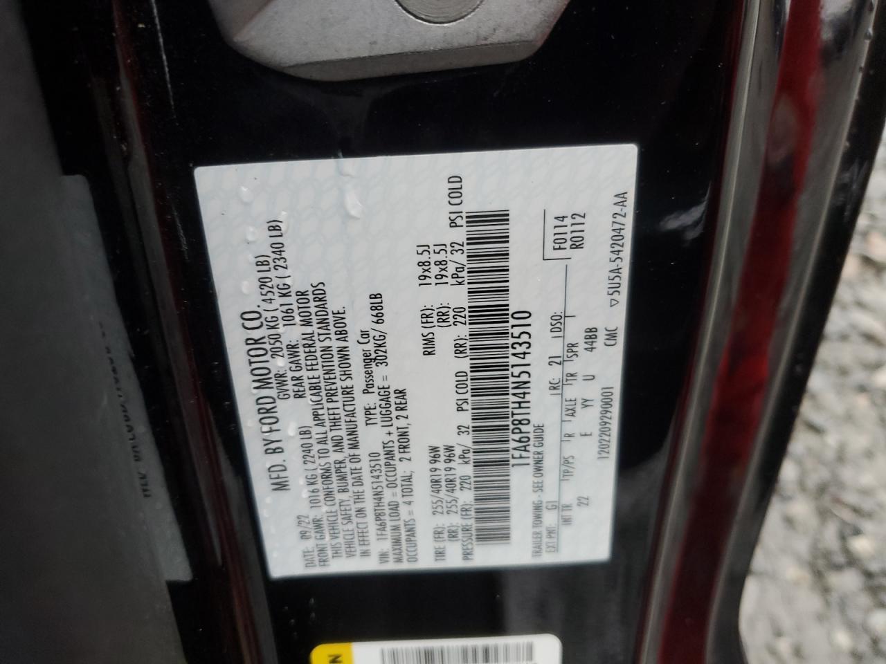 2022 Ford Mustang VIN: 1FA6P8TH4N5143510 Lot: 90549855