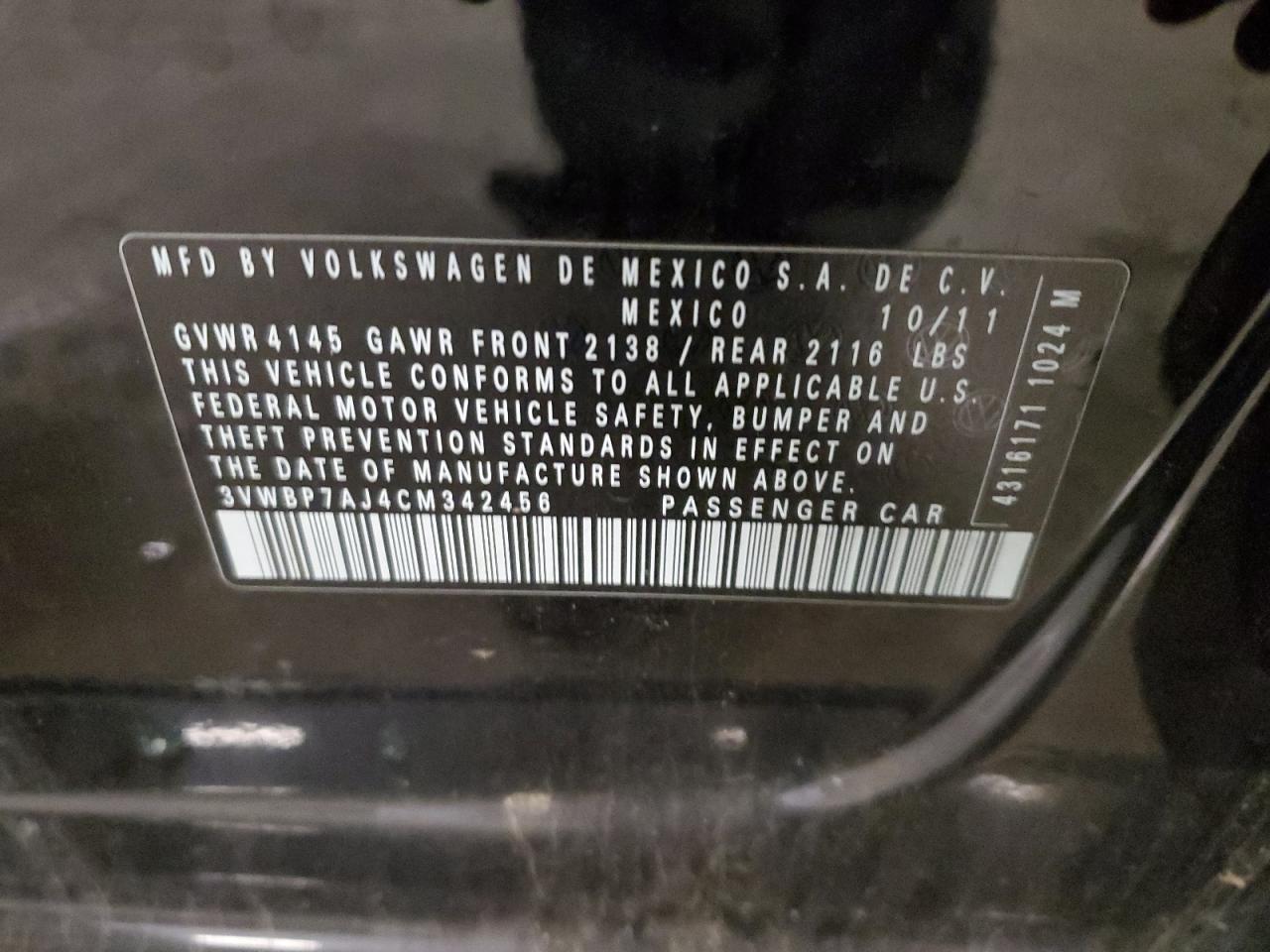 2012 Volkswagen Jetta Se VIN: 3VWBP7AJ4CM342456 Lot: 82425055