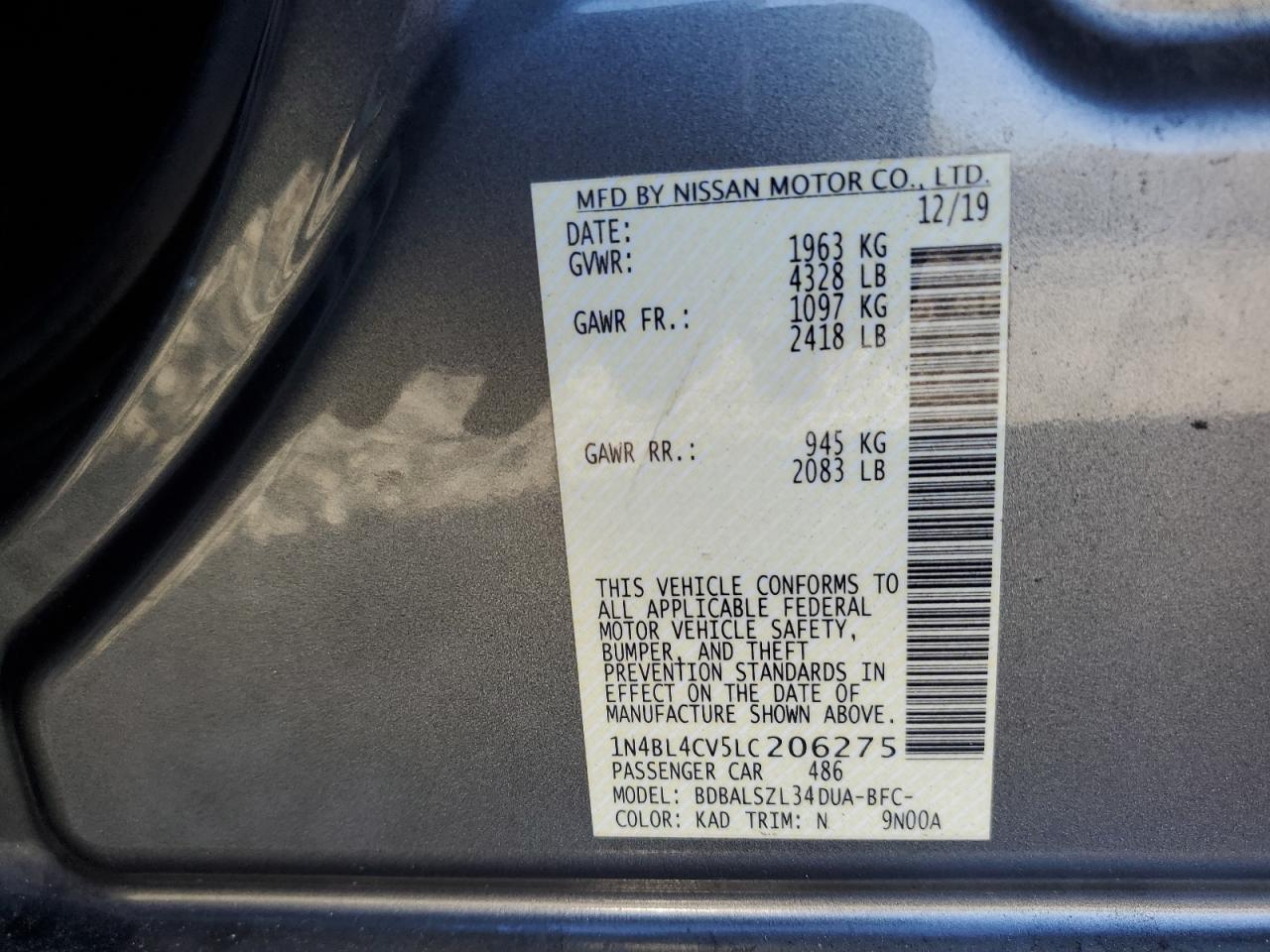 2020 Nissan Altima Sr VIN: 1N4BL4CV5LC206275 Lot: 82610915