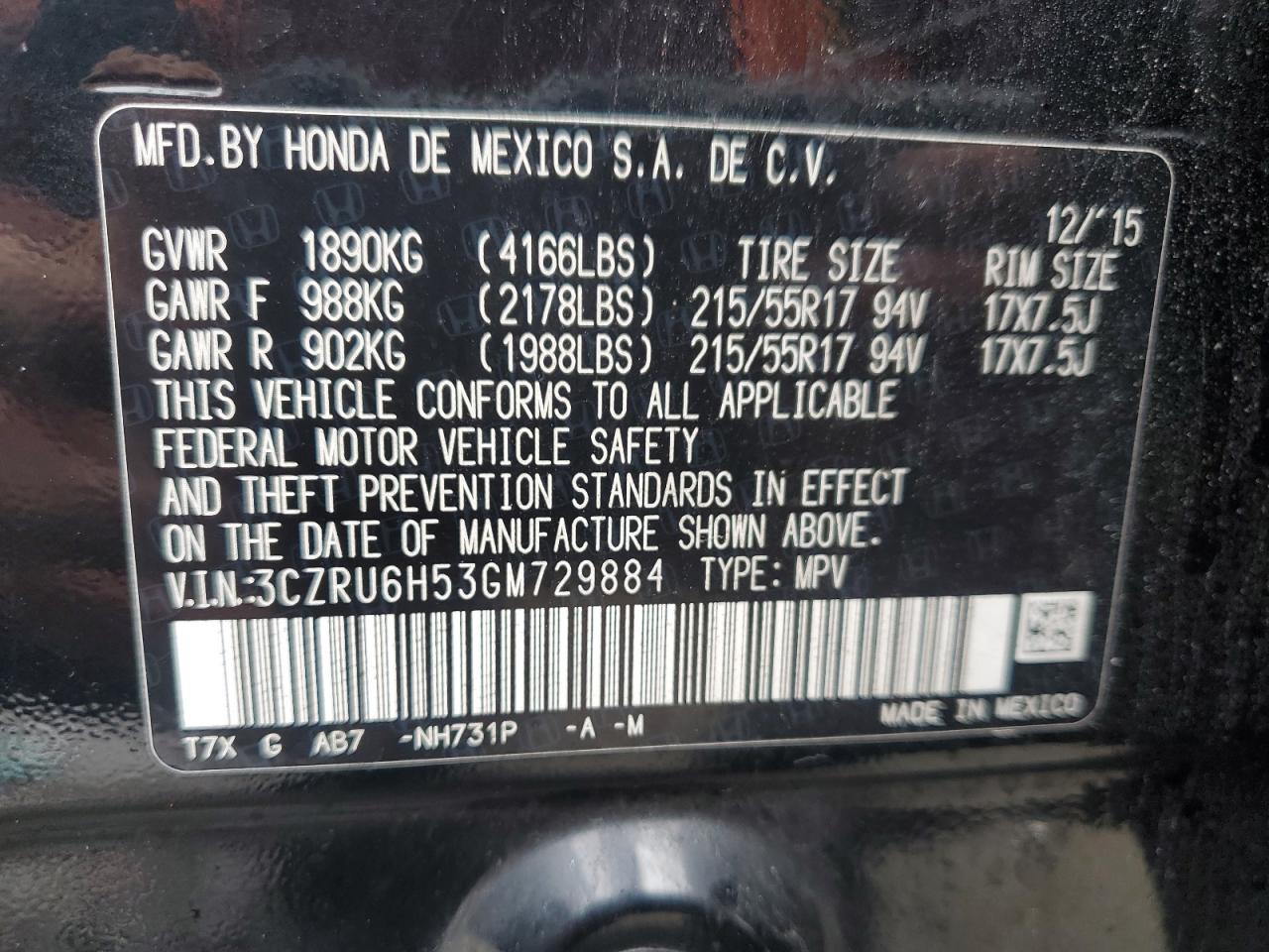 2016 Honda Hr-V Ex VIN: 3CZRU6H53GM729884 Lot: 86597175