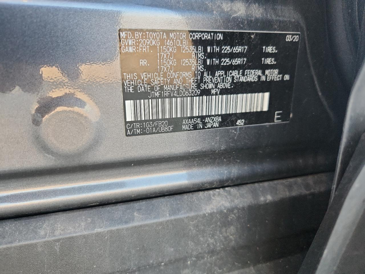 2020 Toyota Rav4 Le VIN: JTMF1RFV4LD063209 Lot: 85899045