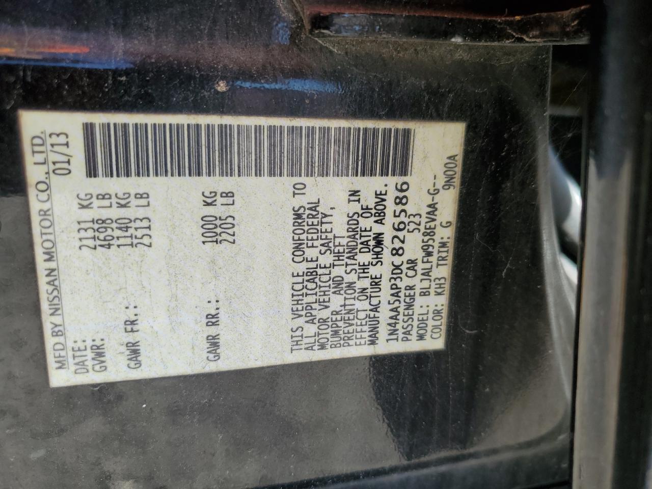 2013 Nissan Maxima S VIN: 1N4AA5AP3DC826586 Lot: 81894375