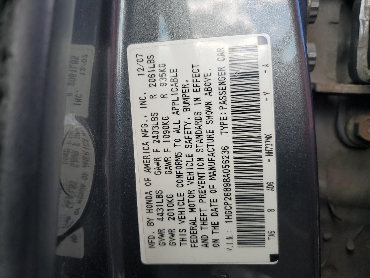 2008 Honda Accord Exl VIN: 1HGCP26898A056236 Lot: 85693085