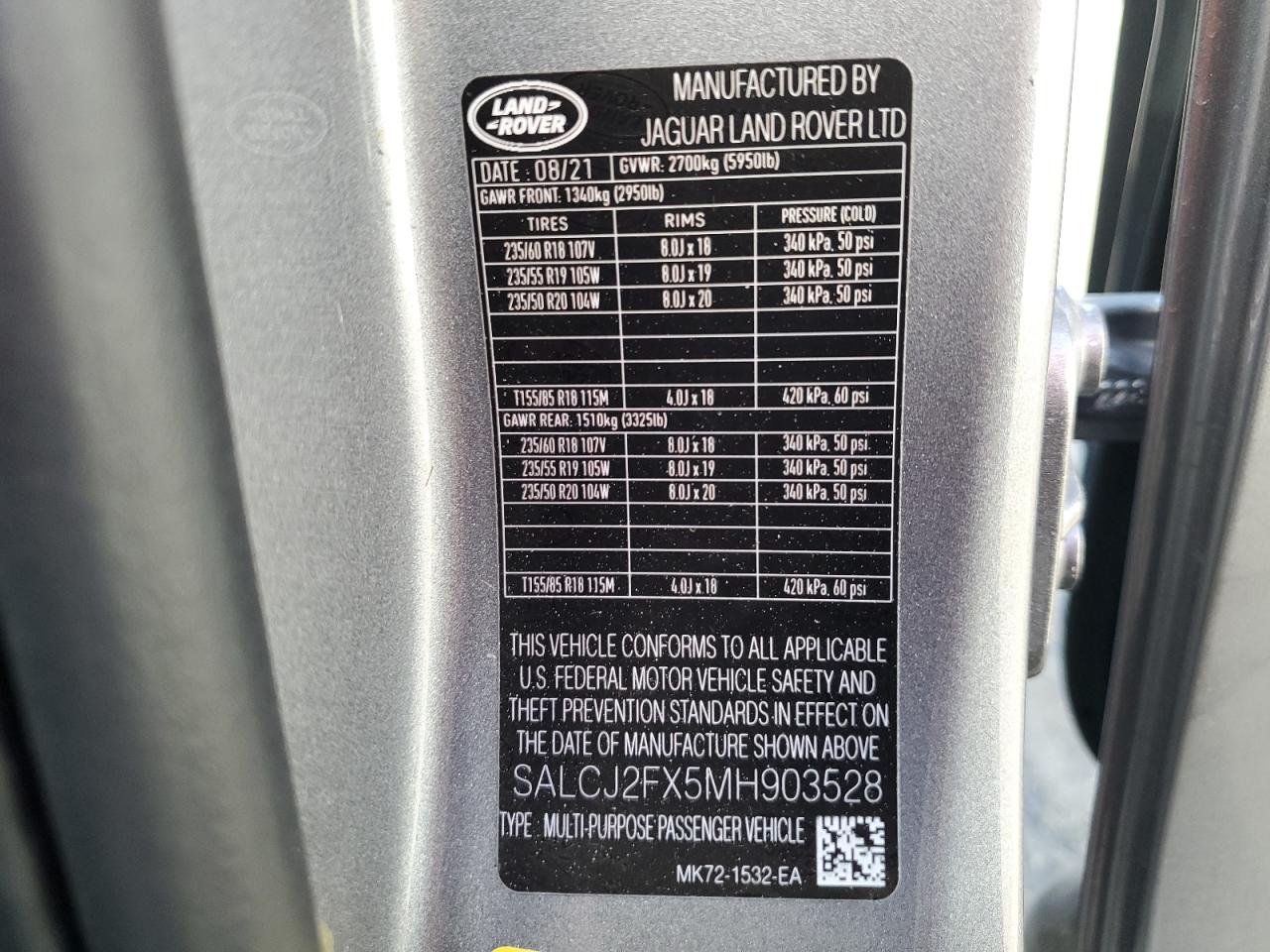 2021 Land Rover Discovery Sport S VIN: SALCJ2FX5MH903528 Lot: 82527525