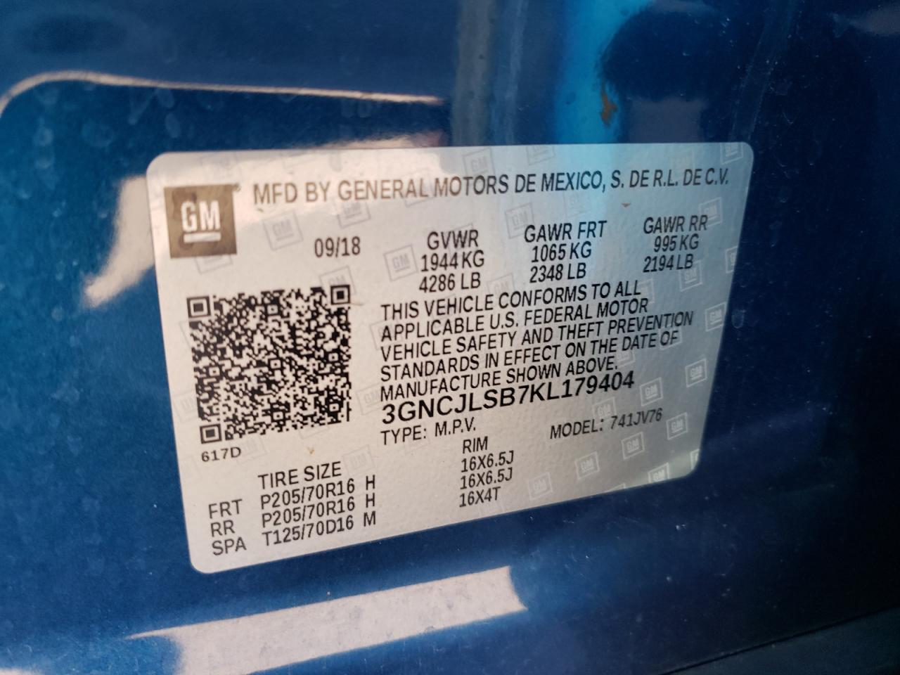 2019 Chevrolet Trax 1Lt VIN: 3GNCJLSB7KL179404 Lot: 82532165