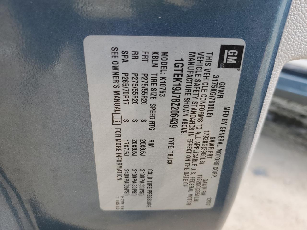 2008 GMC Sierra K1500 VIN: 1GTEK19J78Z206439 Lot: 89898235