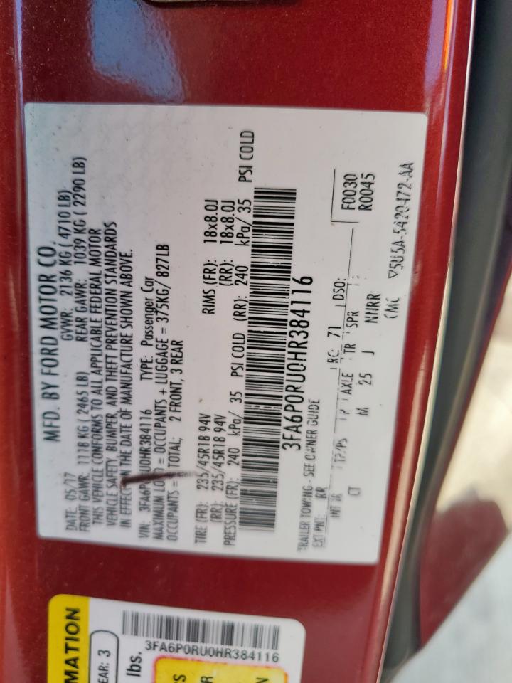 2017 Ford Fusion Titanium Hev VIN: 3FA6P0RU0HR384116 Lot: 85718565