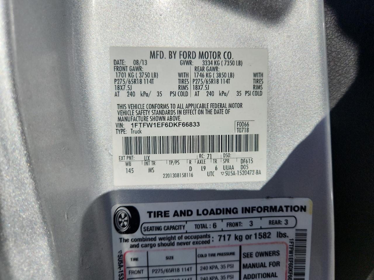 2013 Ford F150 Supercrew VIN: 1FTFW1EF6DKF66833 Lot: 89680525