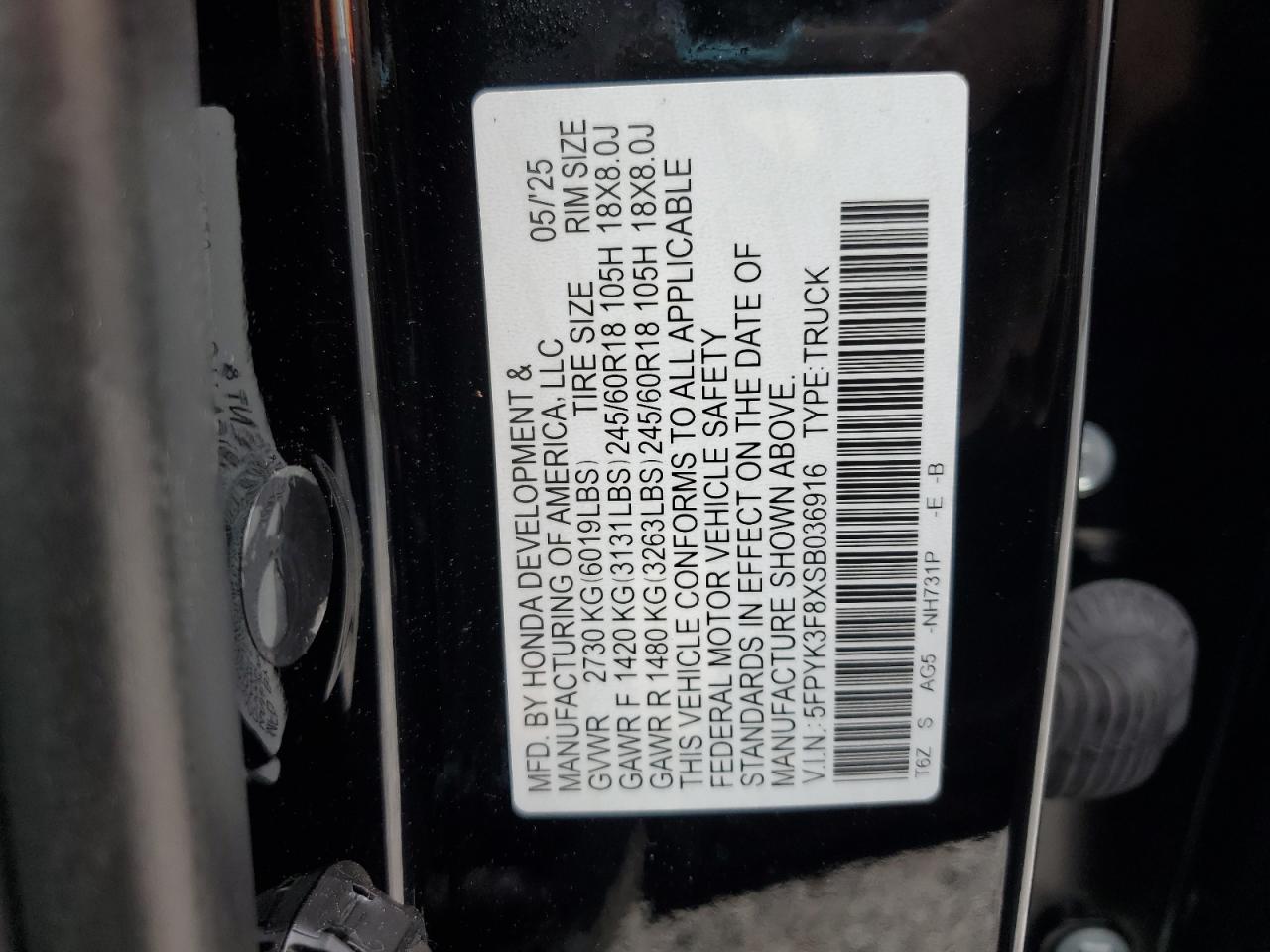 2025 Honda Ridgeline Black Edition VIN: 5FPYK3F8XSB036916 Lot: 85086855