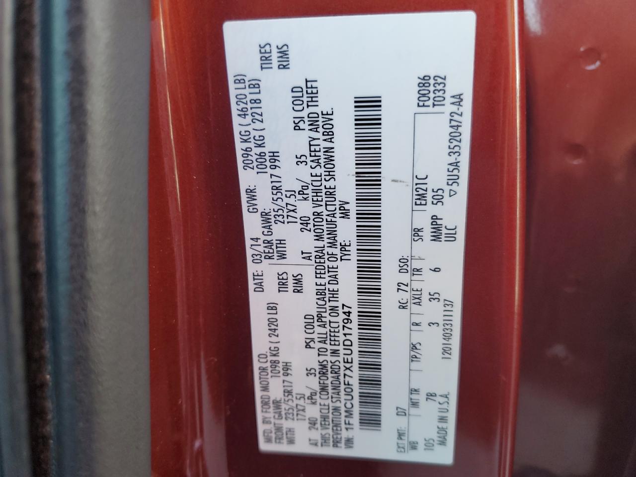 2014 Ford Escape S VIN: 1FMCU0F7XEUD17947 Lot: 82287585