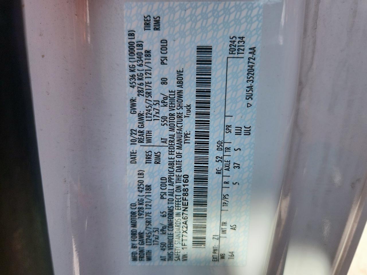 2022 Ford F250 Super Duty VIN: 1FT7X2A67NEF88160 Lot: 84236165