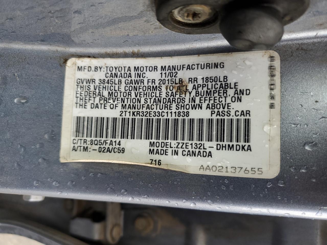 2003 Toyota Corolla Matrix Xr VIN: 2T1KR32E33C111838 Lot: 82436085