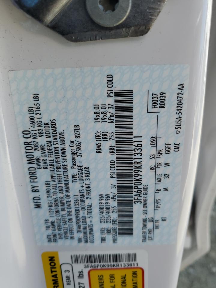 2019 Ford Fusion Titanium VIN: 3FA6P0K99KR133611 Lot: 90044795