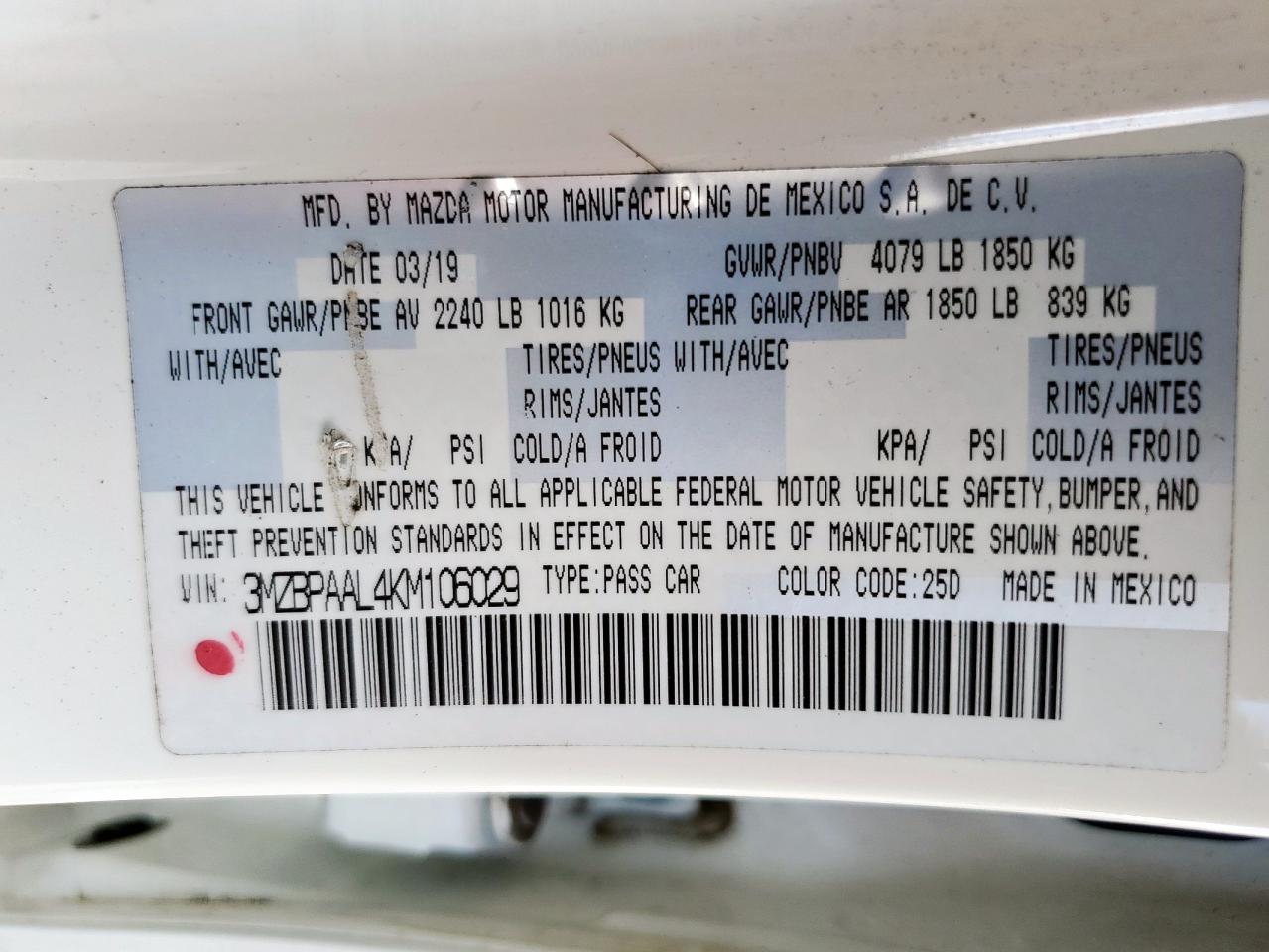 2019 Mazda 3 Select VIN: 3MZBPAAL4KM106029 Lot: 85359375