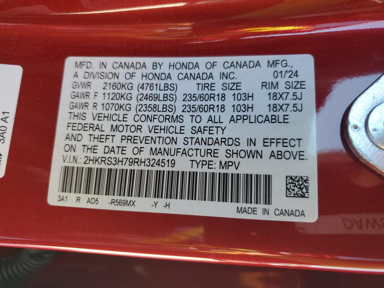 2024 Honda Cr-V Exl VIN: 2HKRS3H79RH324519 Lot: 84951385