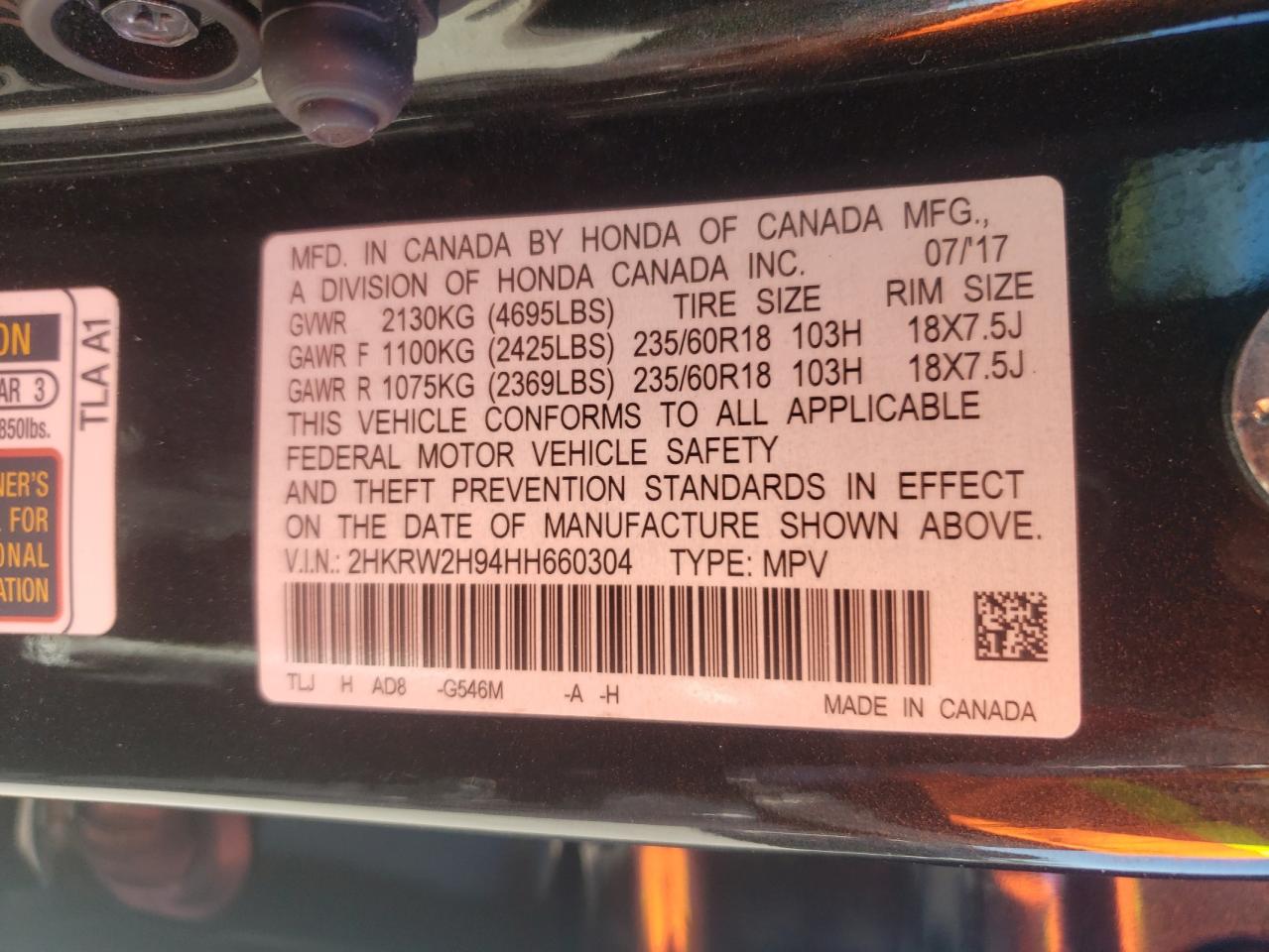 2017 Honda Cr-V Touring VIN: 2HKRW2H94HH660304 Lot: 82678005