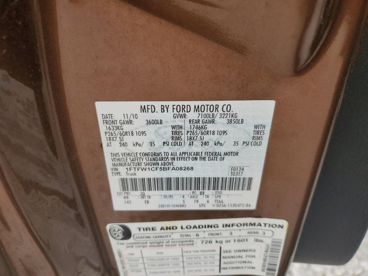 2011 Ford F150 Supercrew VIN: 1FTFW1CF5BFA08268 Lot: 86680615