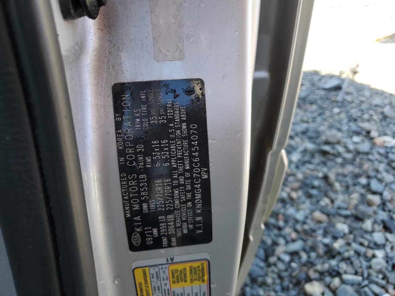 2012 Kia Sedona Lx VIN: KNDMG4C70C6454070 Lot: 87392825