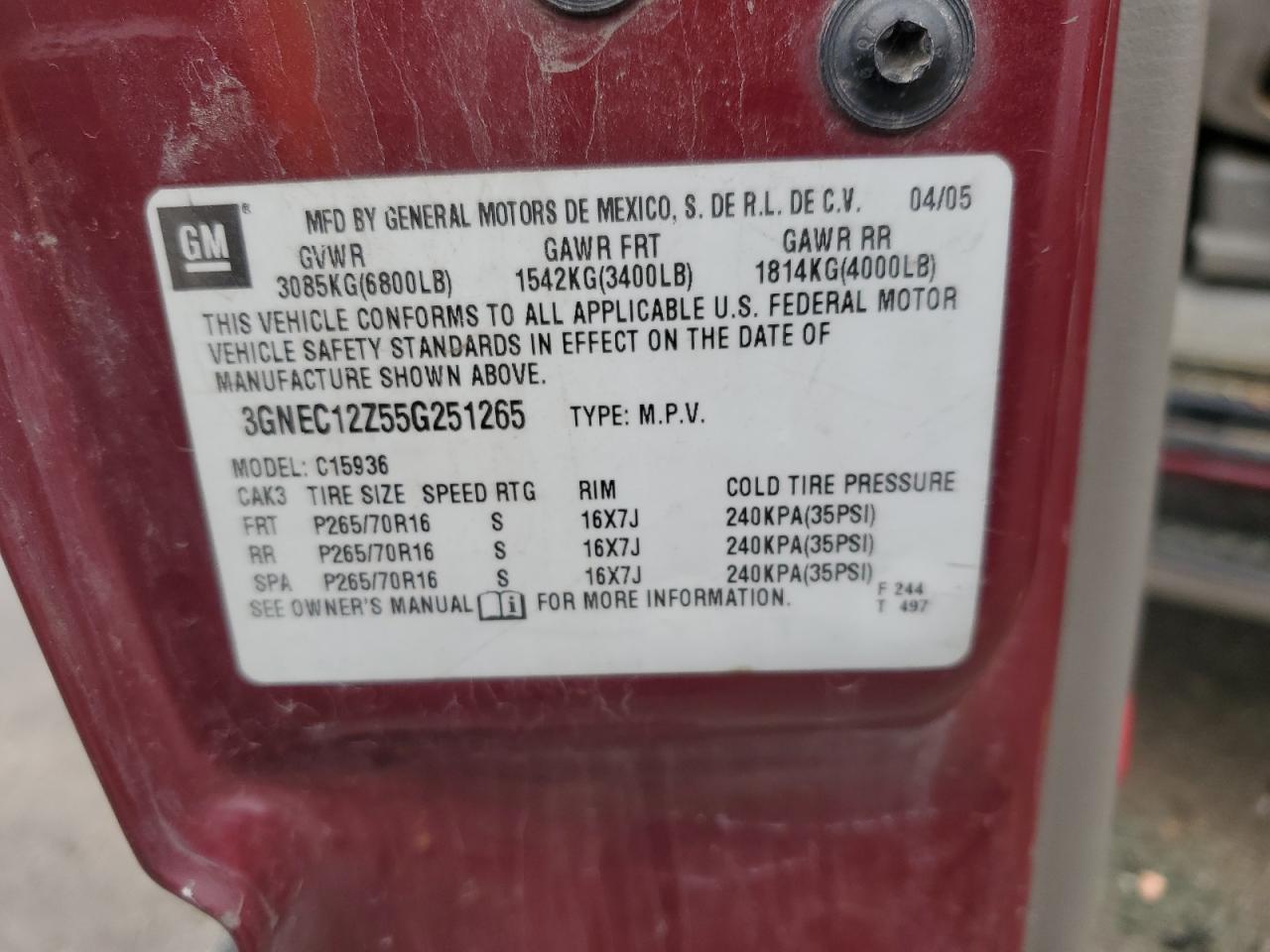 2005 Chevrolet Avalanche C1500 VIN: 3GNEC12Z55G251265 Lot: 90059405