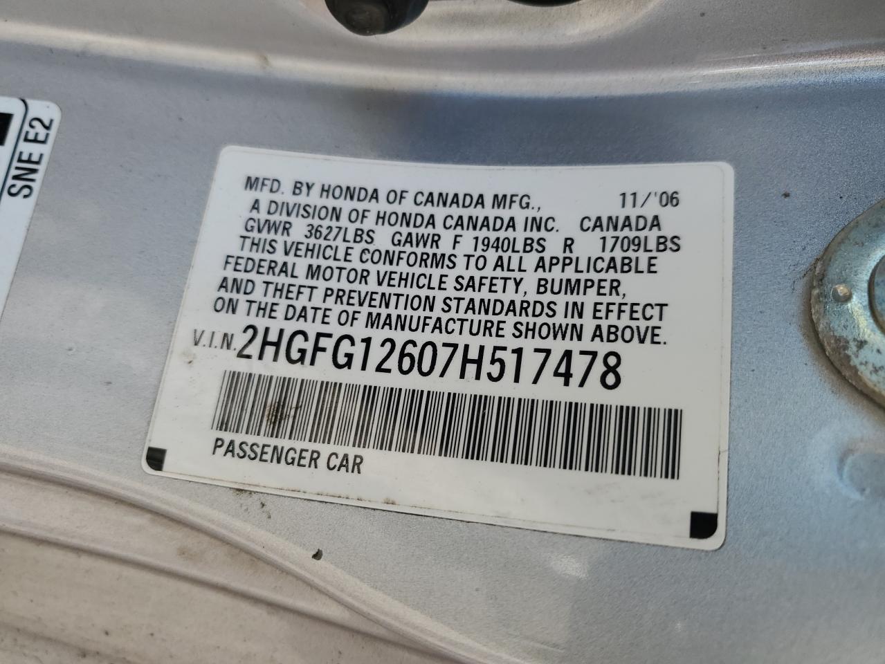 2007 Honda Civic Lx VIN: 2HGFG12607H517478 Lot: 84704495