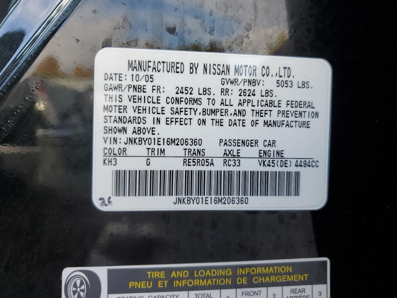 2006 Infiniti M45 Base VIN: JNKBY01E16M206360 Lot: 68395935