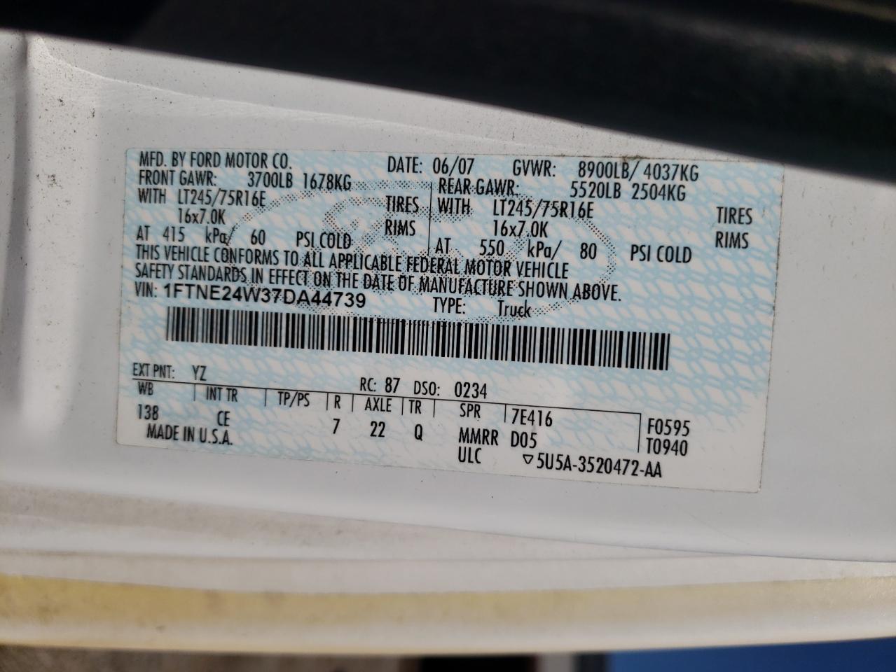 2007 Ford Econoline E250 Van VIN: 1FTNE24W37DA44739 Lot: 81894005