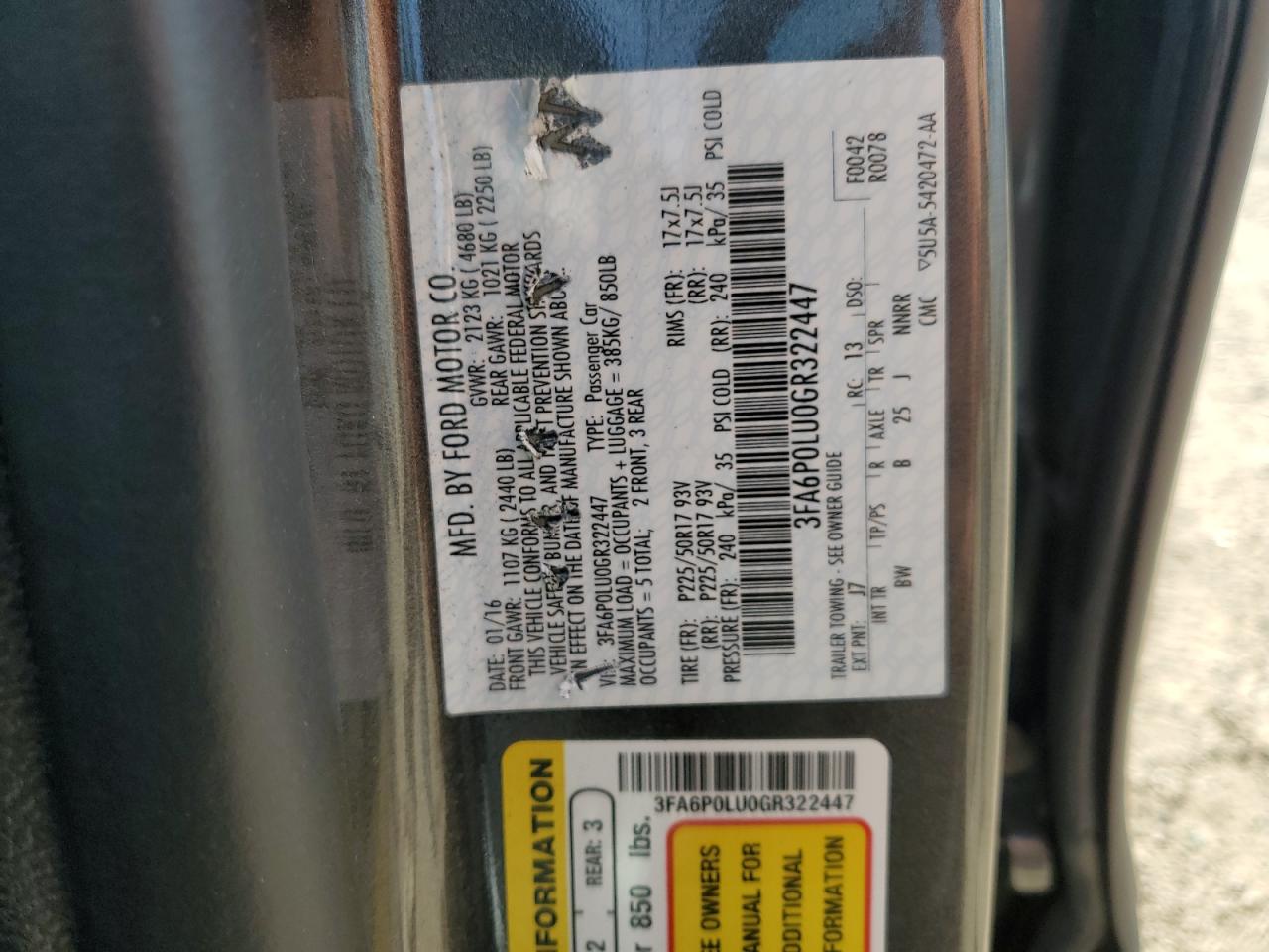 2016 Ford Fusion Se Hybrid VIN: 3FA6P0LU0GR322447 Lot: 84660795