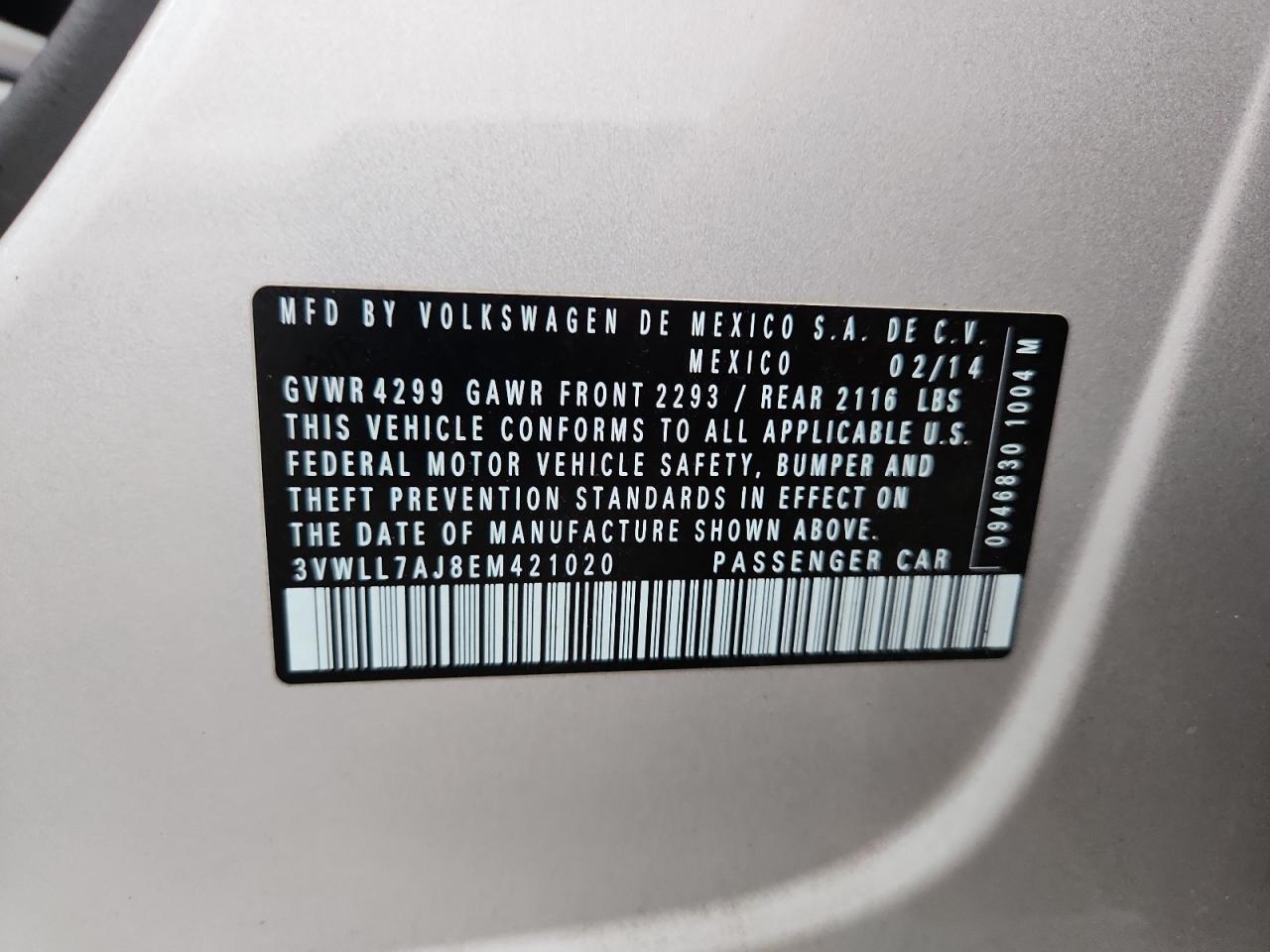 2014 Volkswagen Jetta Tdi VIN: 3VWLL7AJ8EM421020 Lot: 85918875