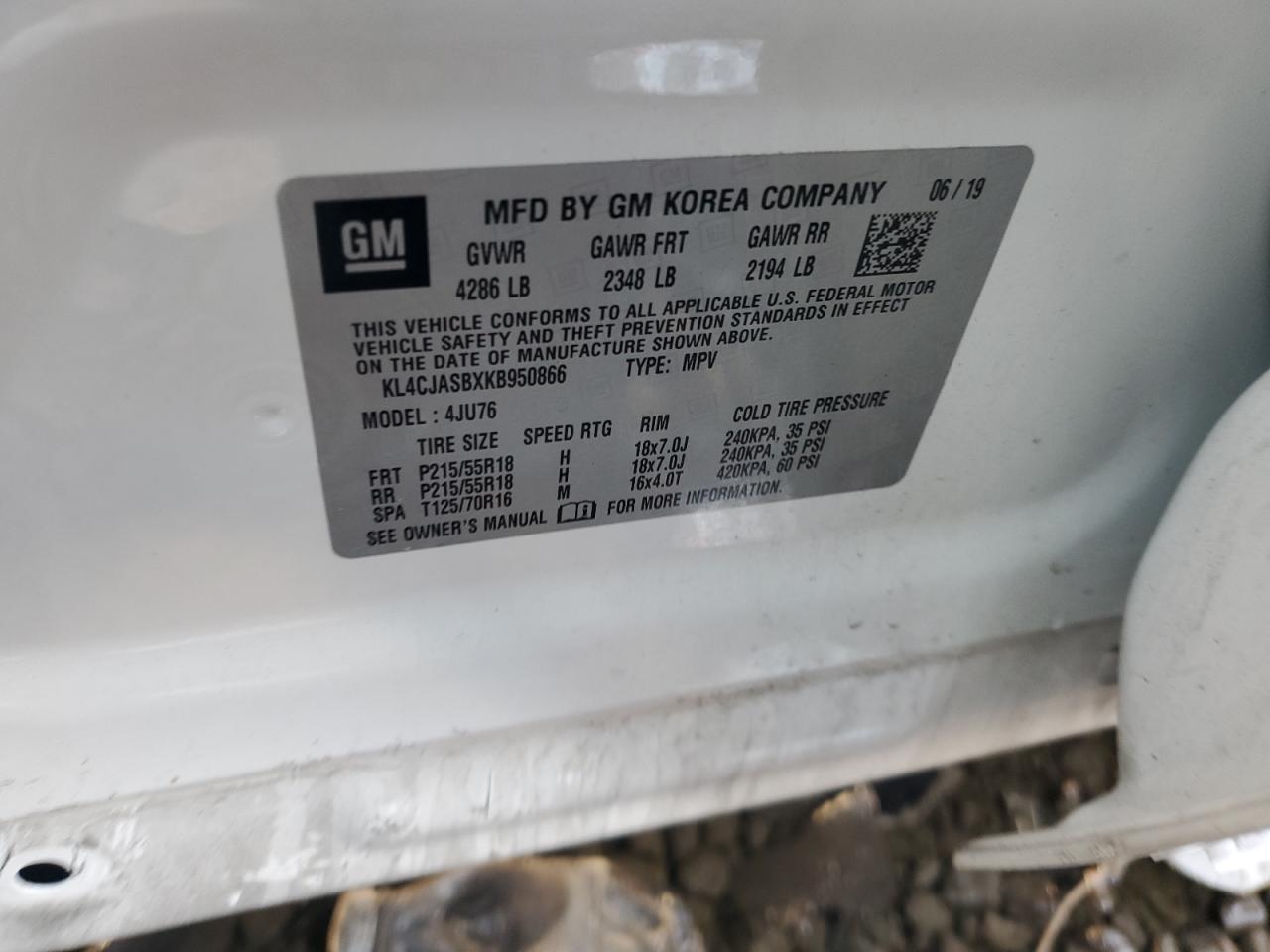 2019 Buick Encore Preferred VIN: KL4CJASBXKB950866 Lot: 89481825