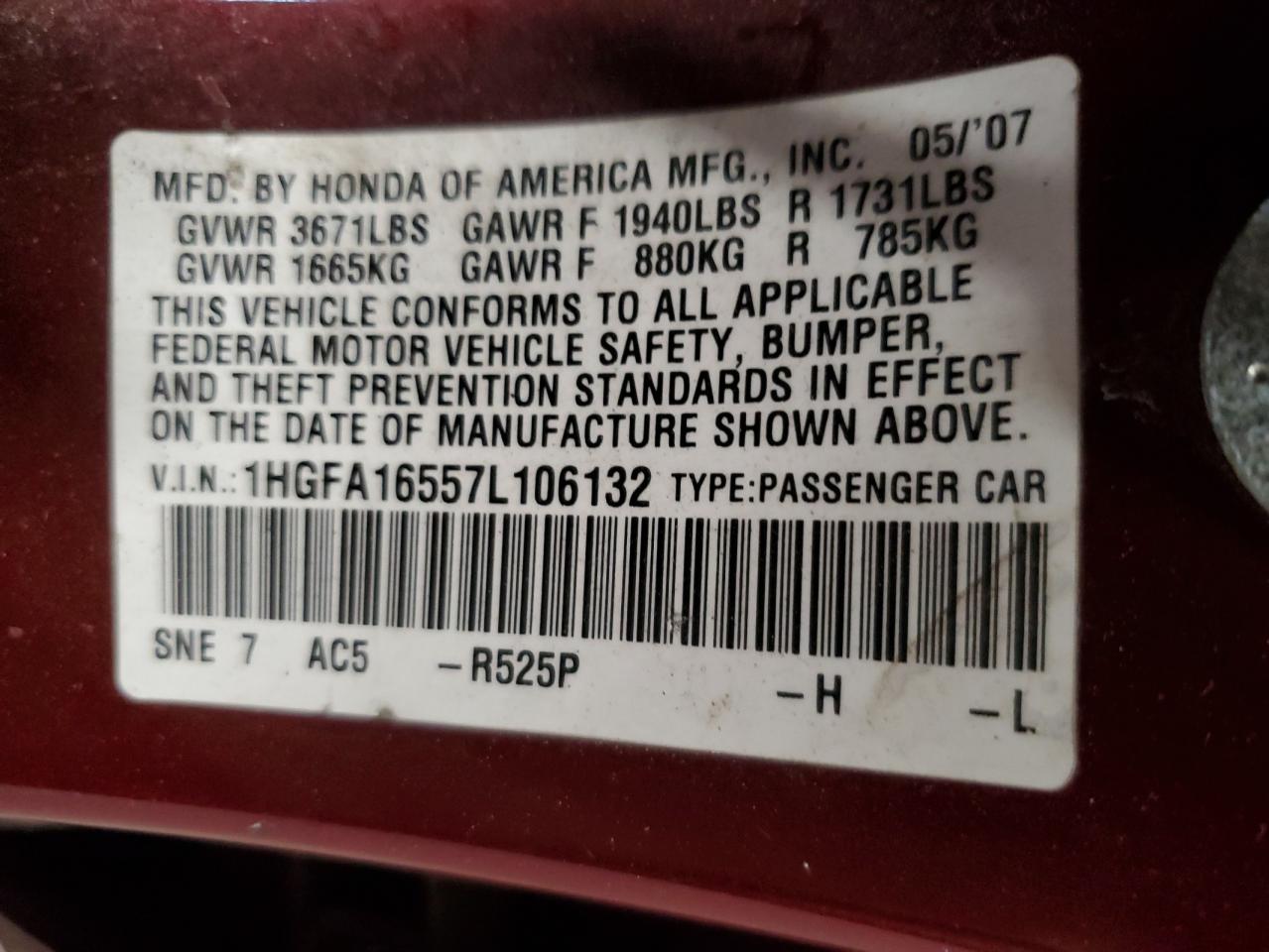 2007 Honda Civic Lx VIN: 1HGFA16557L106132 Lot: 82211625