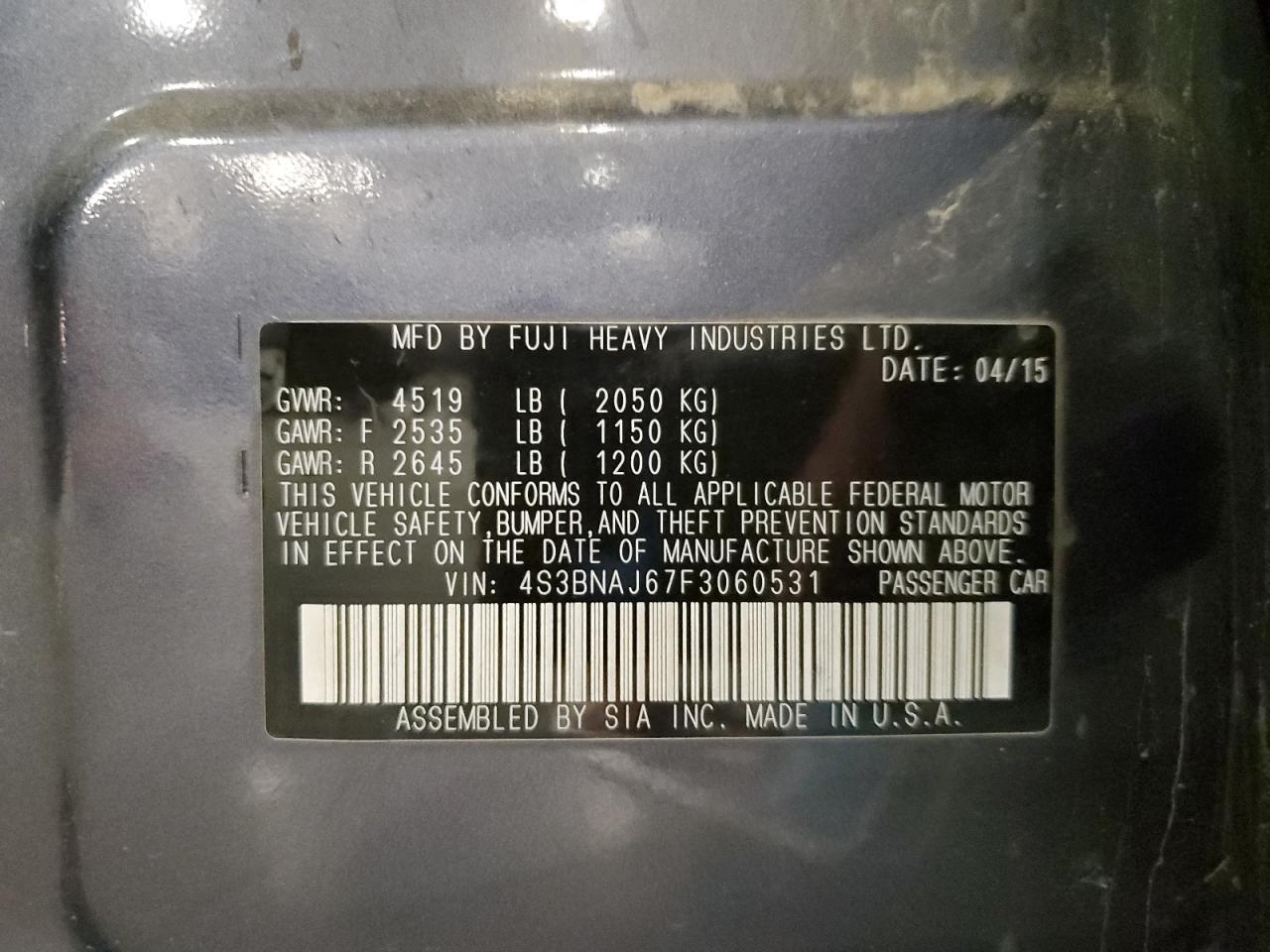 2015 Subaru Legacy 2.5I Limited VIN: 4S3BNAJ67F3060531 Lot: 90627255