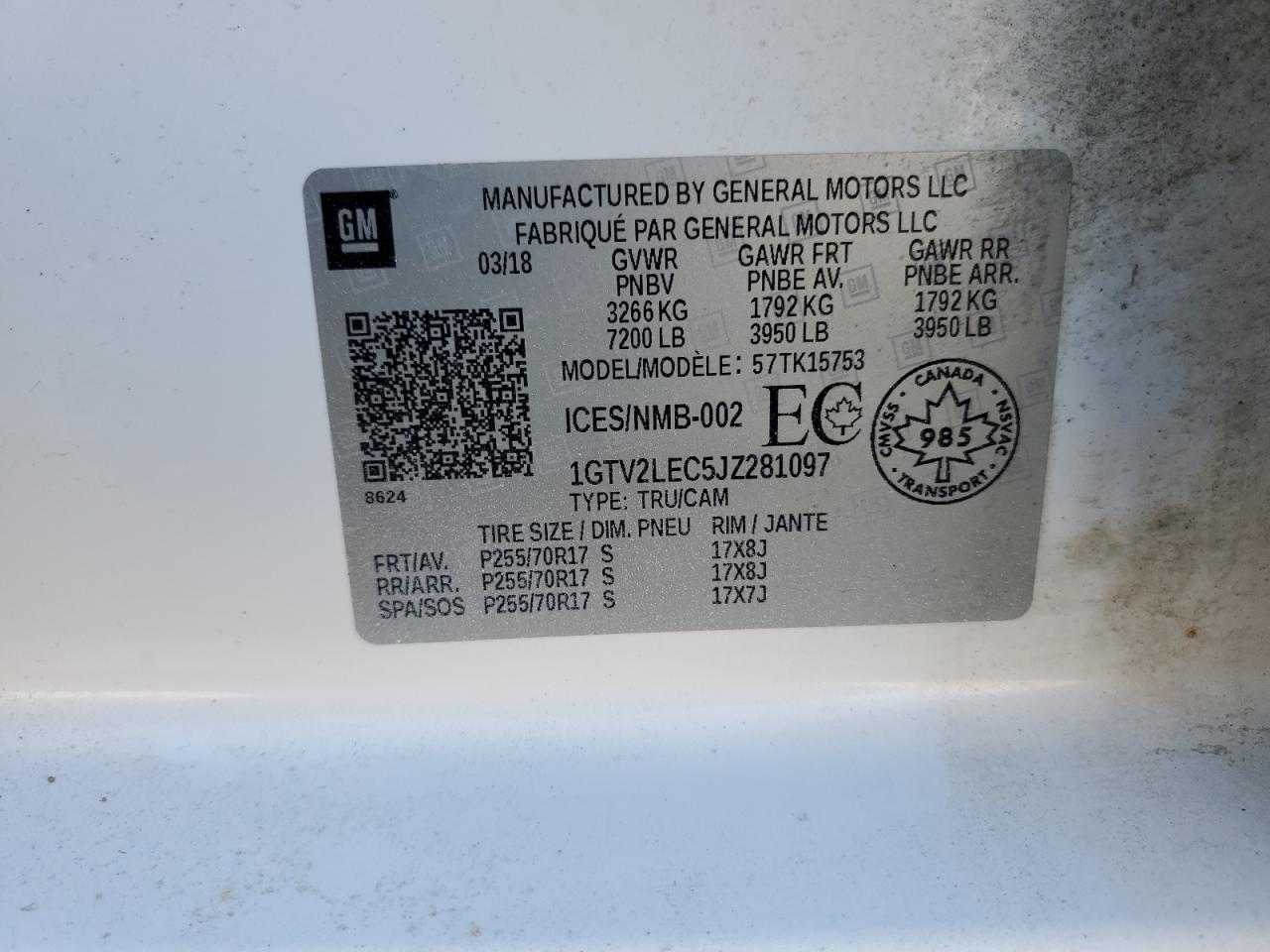 2018 GMC Sierra K1500 VIN: 1GTV2LEC5JZ281097 Lot: 86165545