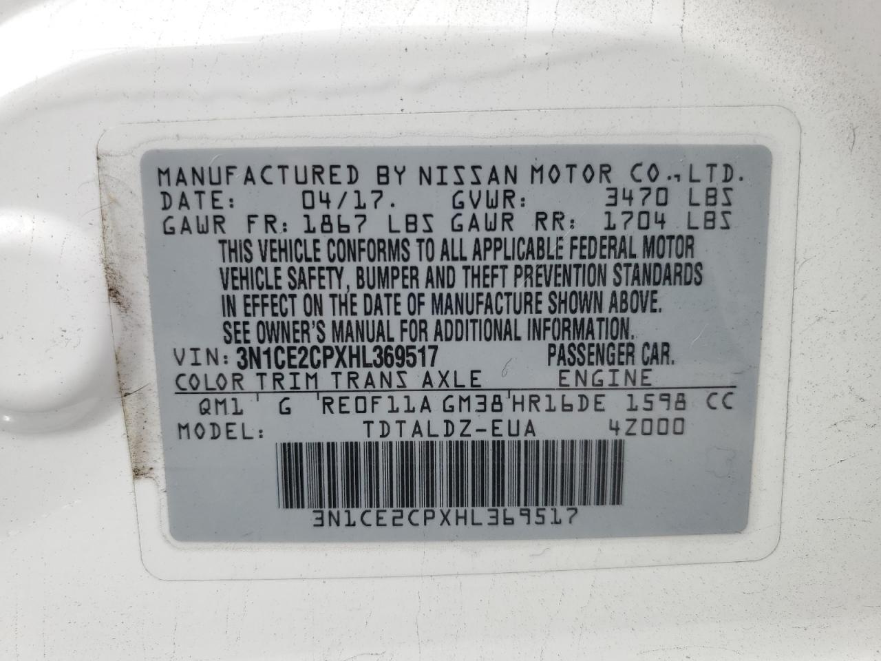 2017 Nissan Versa Note S VIN: 3N1CE2CPXHL369517 Lot: 85781915