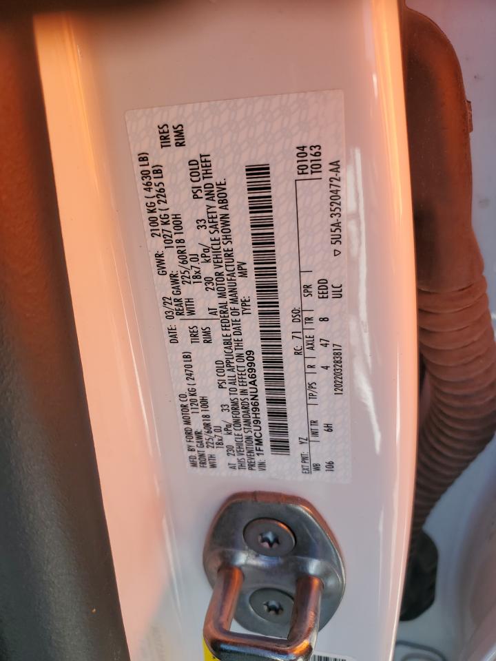 2022 Ford Escape Sel VIN: 1FMCU9H96NUA69909 Lot: 89501125