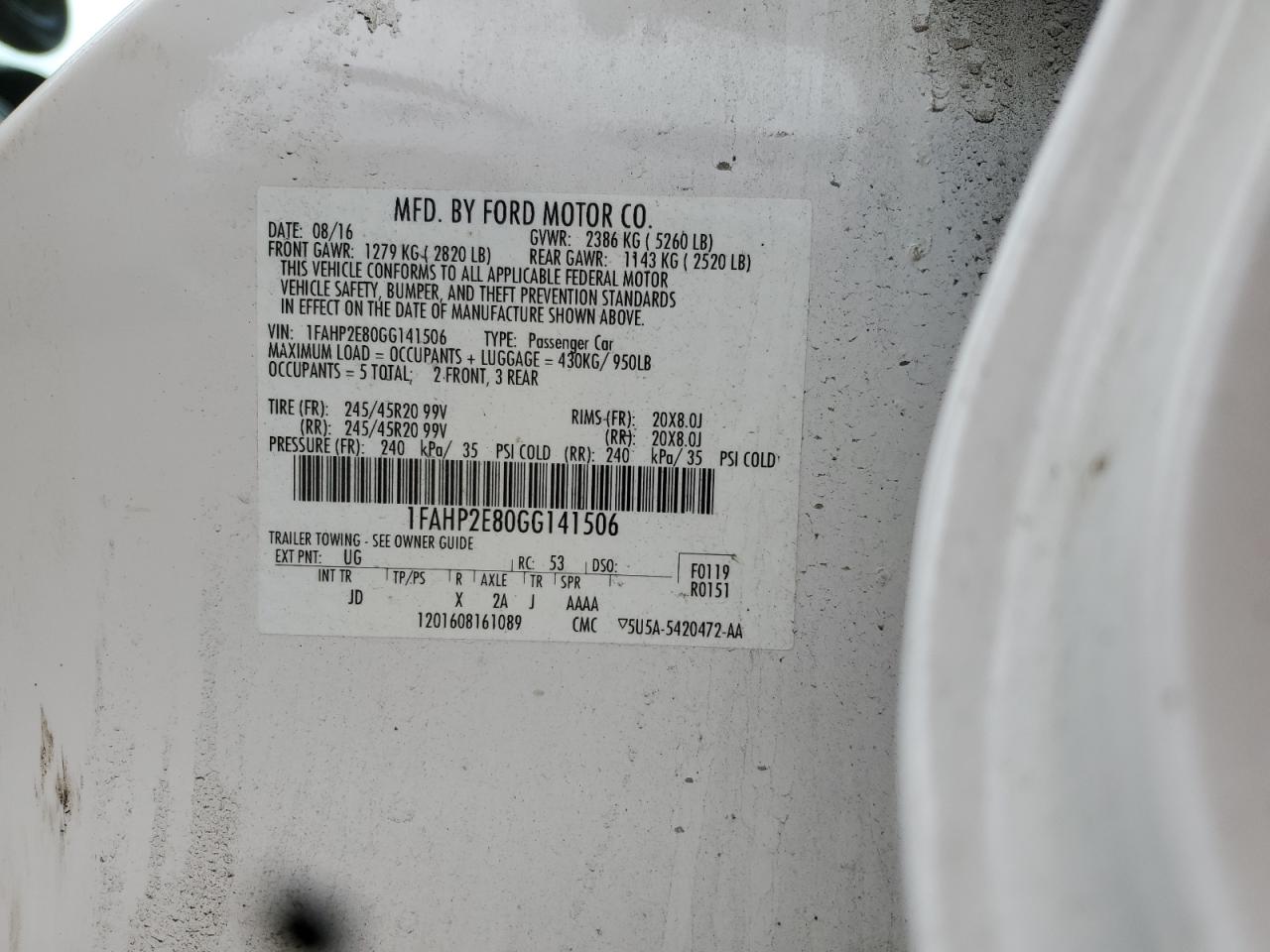 2016 Ford Taurus Sel VIN: 1FAHP2E80GG141506 Lot: 86137645